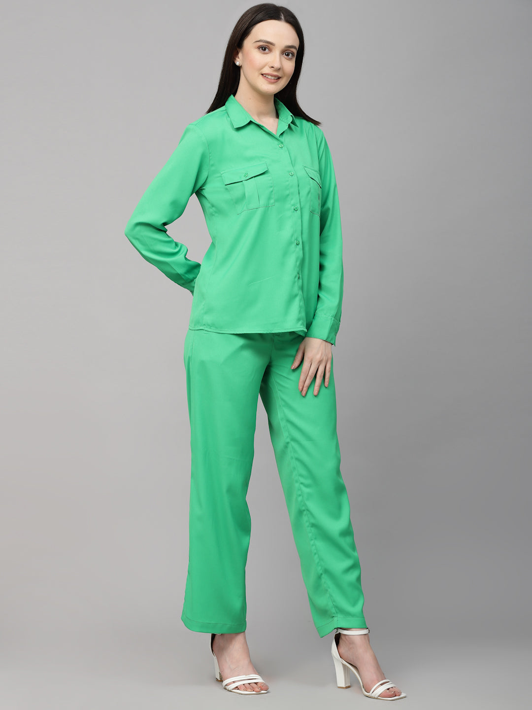 Style Quotient Women Solid Bright Green Polyester Relaxed Smart Casual Co-ord Set-Co-Ords-StyleQuotient