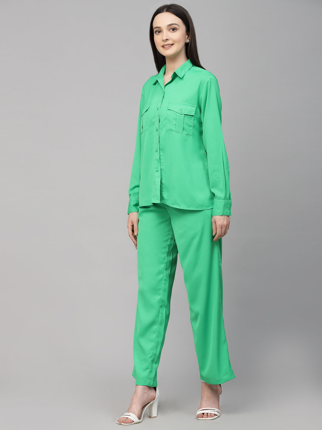 Style Quotient Women Solid Bright Green Polyester Relaxed Smart Casual Co-ord Set-Co-Ords-StyleQuotient