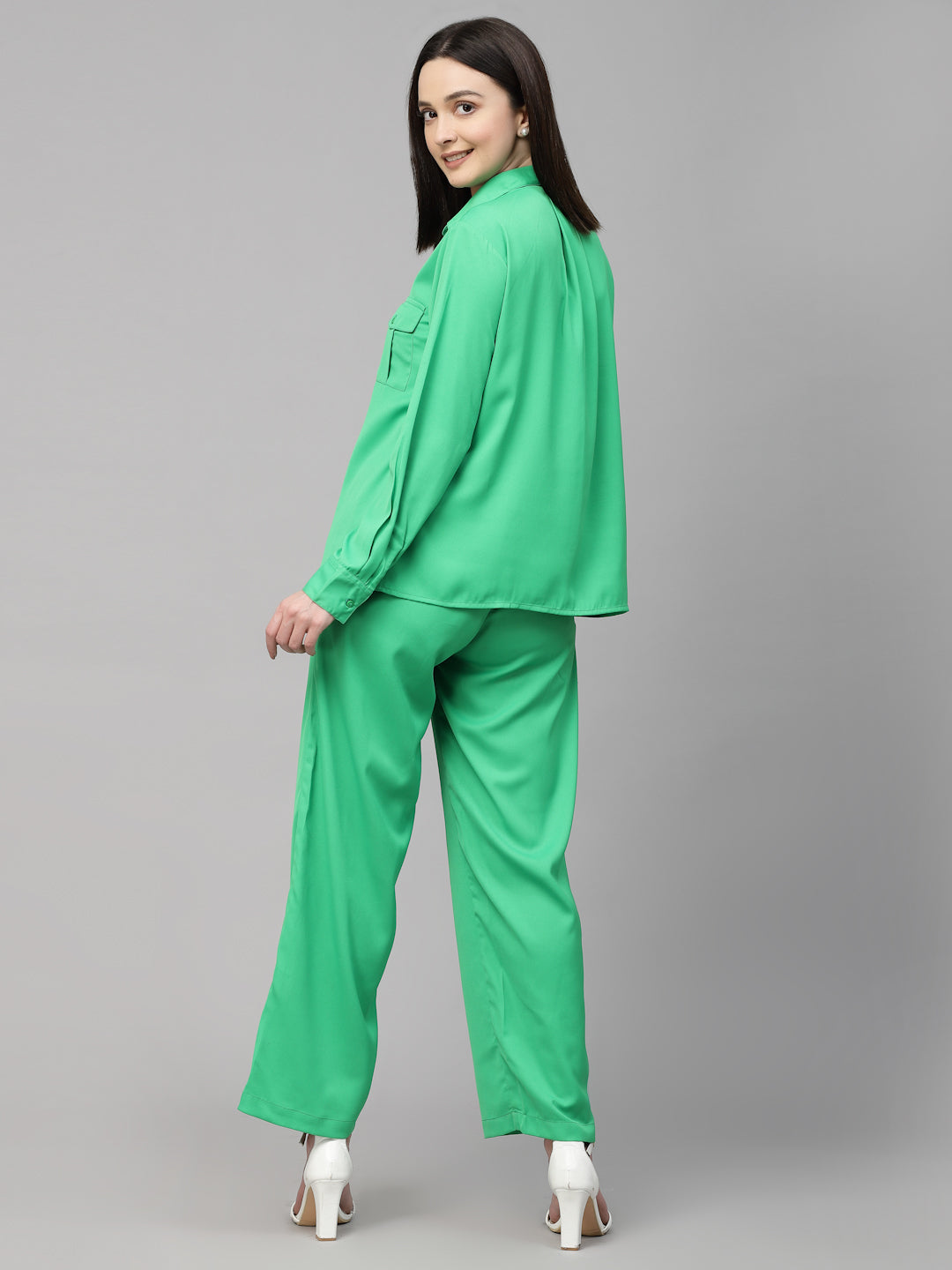 Style Quotient Women Solid Bright Green Polyester Relaxed Smart Casual Co-ord Set-Co-Ords-StyleQuotient