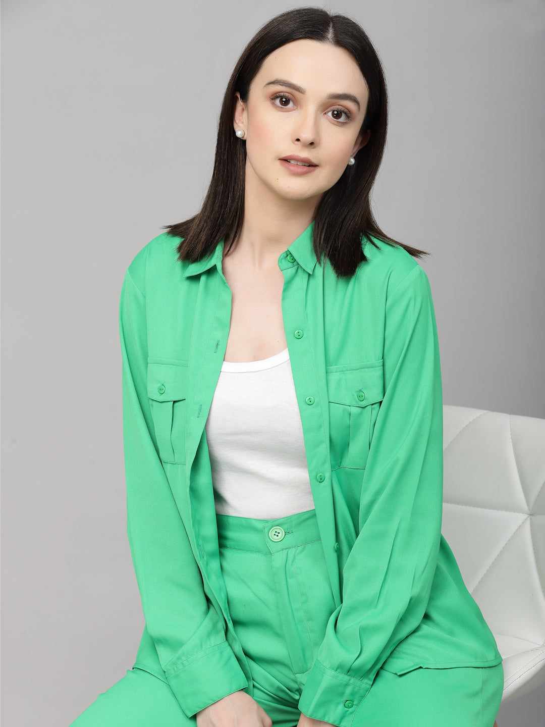 Style Quotient Women Solid Bright Green Polyester Relaxed Smart Casual Co-ord Set-Co-Ords-StyleQuotient