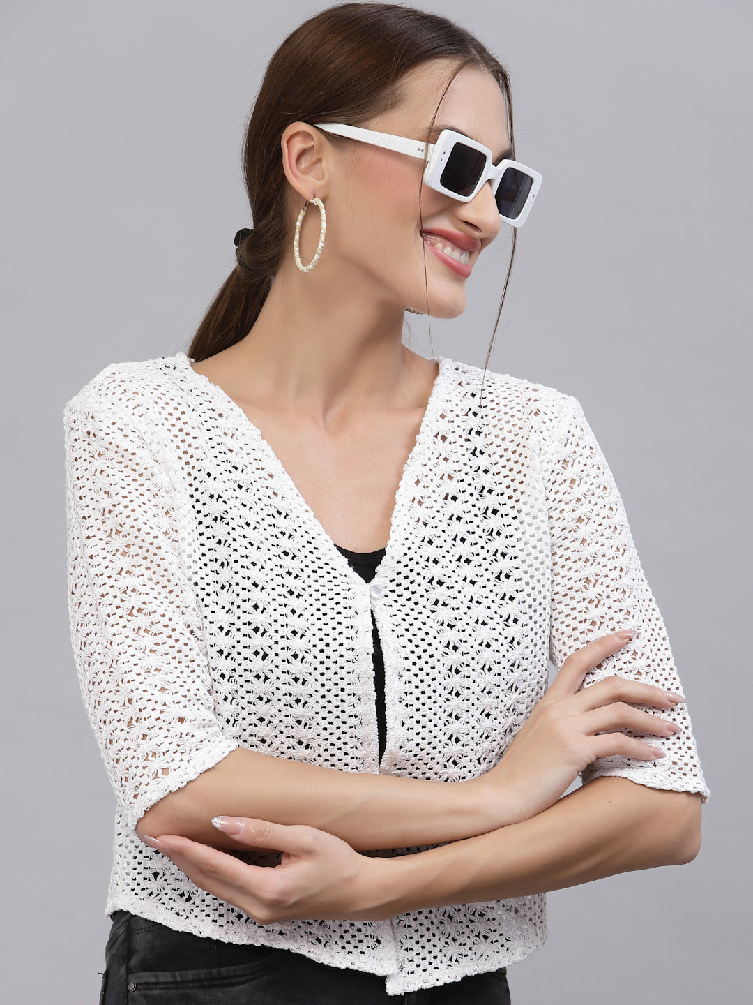 Style Quotient Women Self design white cotton lace regular smart casual shrug-Shrug-StyleQuotient