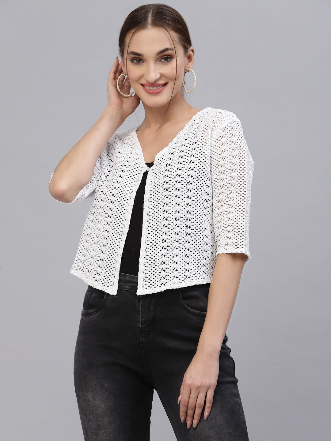 Style Quotient Women Self design white cotton lace regular smart casual shrug-Shrug-StyleQuotient