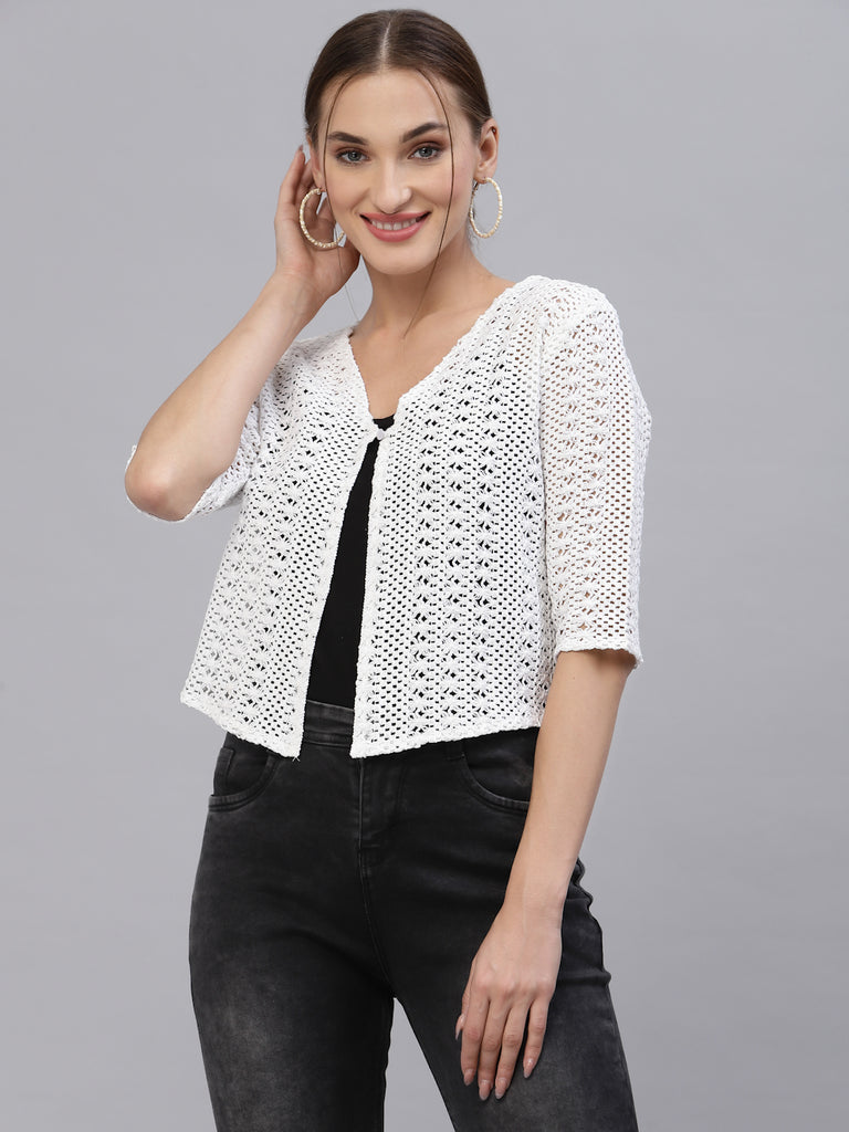 Style Quotient Women Self design white cotton lace regular smart casual shrug-Shrug-StyleQuotient