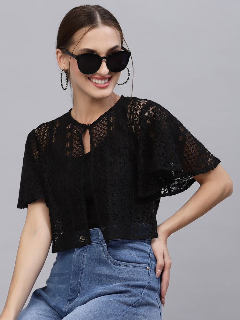 Style Quotient Women Black Self Design Lace Open Front Smart Casual Shrug-Shrug-StyleQuotient