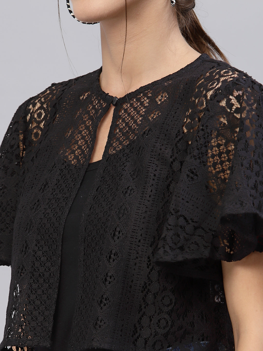 Style Quotient Women Black Self Design Lace Open Front Smart Casual Shrug-Shrug-StyleQuotient