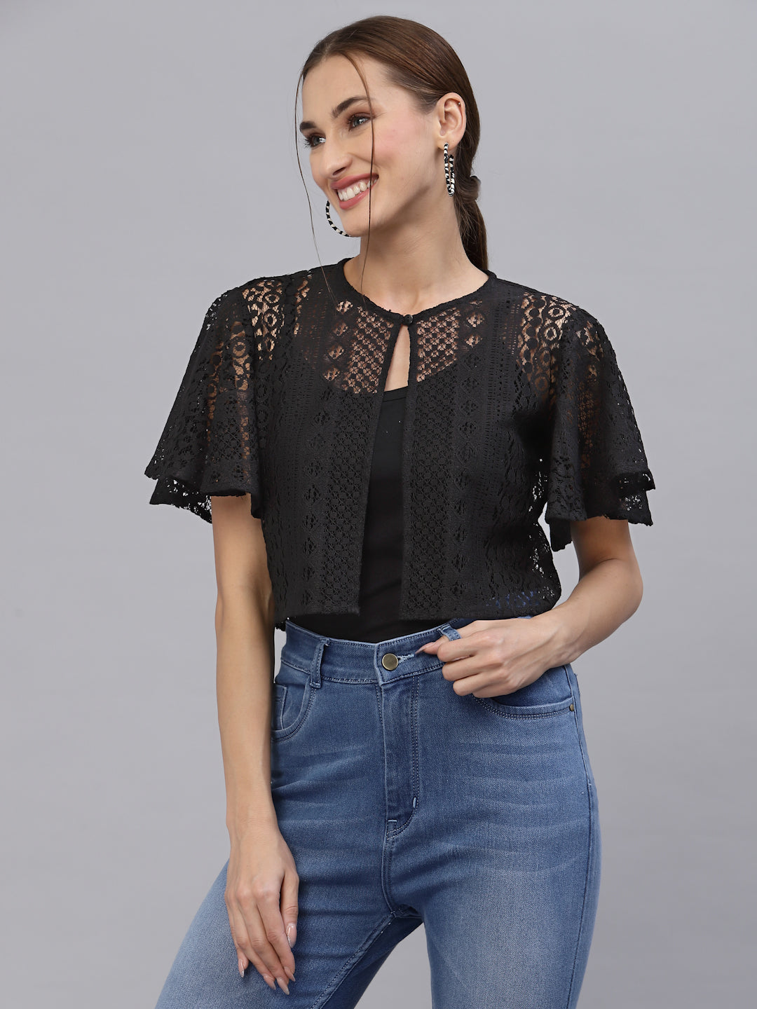 Style Quotient Women Black Self Design Lace Open Front Smart Casual Shrug-Shrug-StyleQuotient