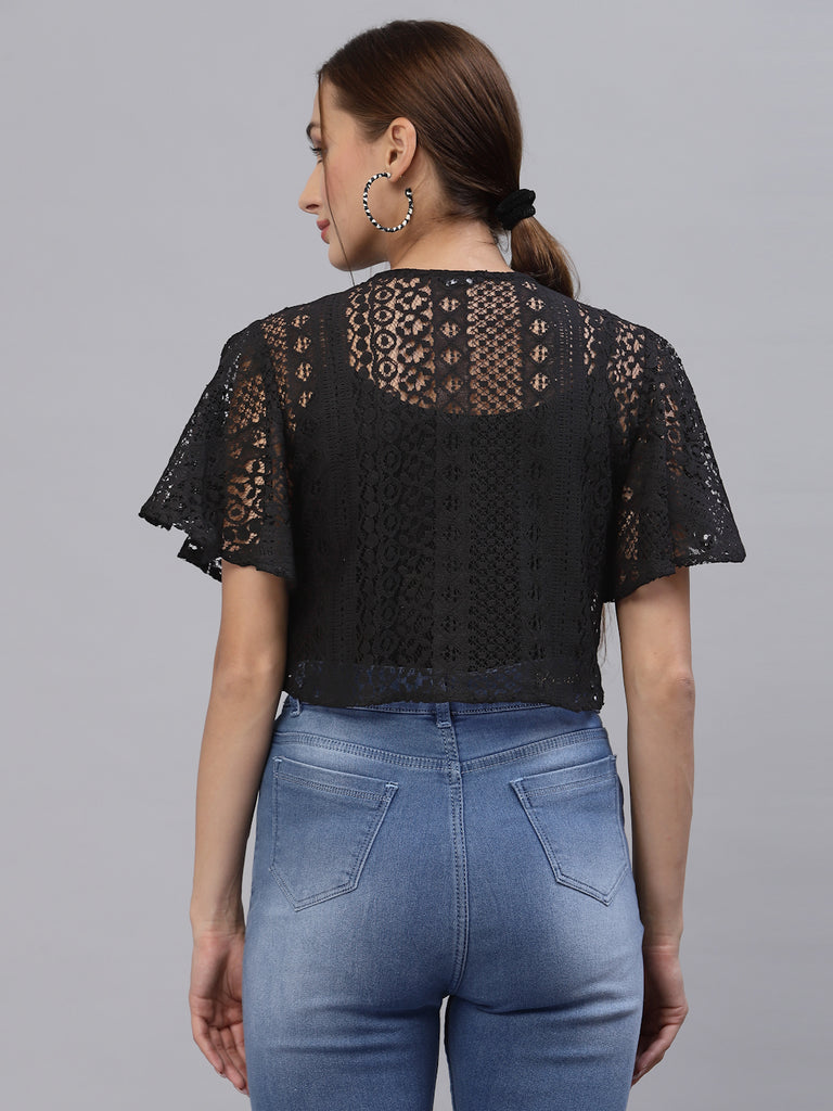 Style Quotient Women Black Self Design Lace Open Front Smart Casual Shrug-Shrug-StyleQuotient