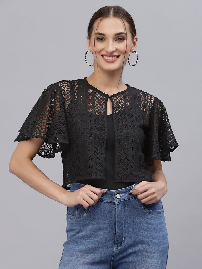 Style Quotient Women Black Self Design Lace Open Front Smart Casual Shrug-Shrug-StyleQuotient