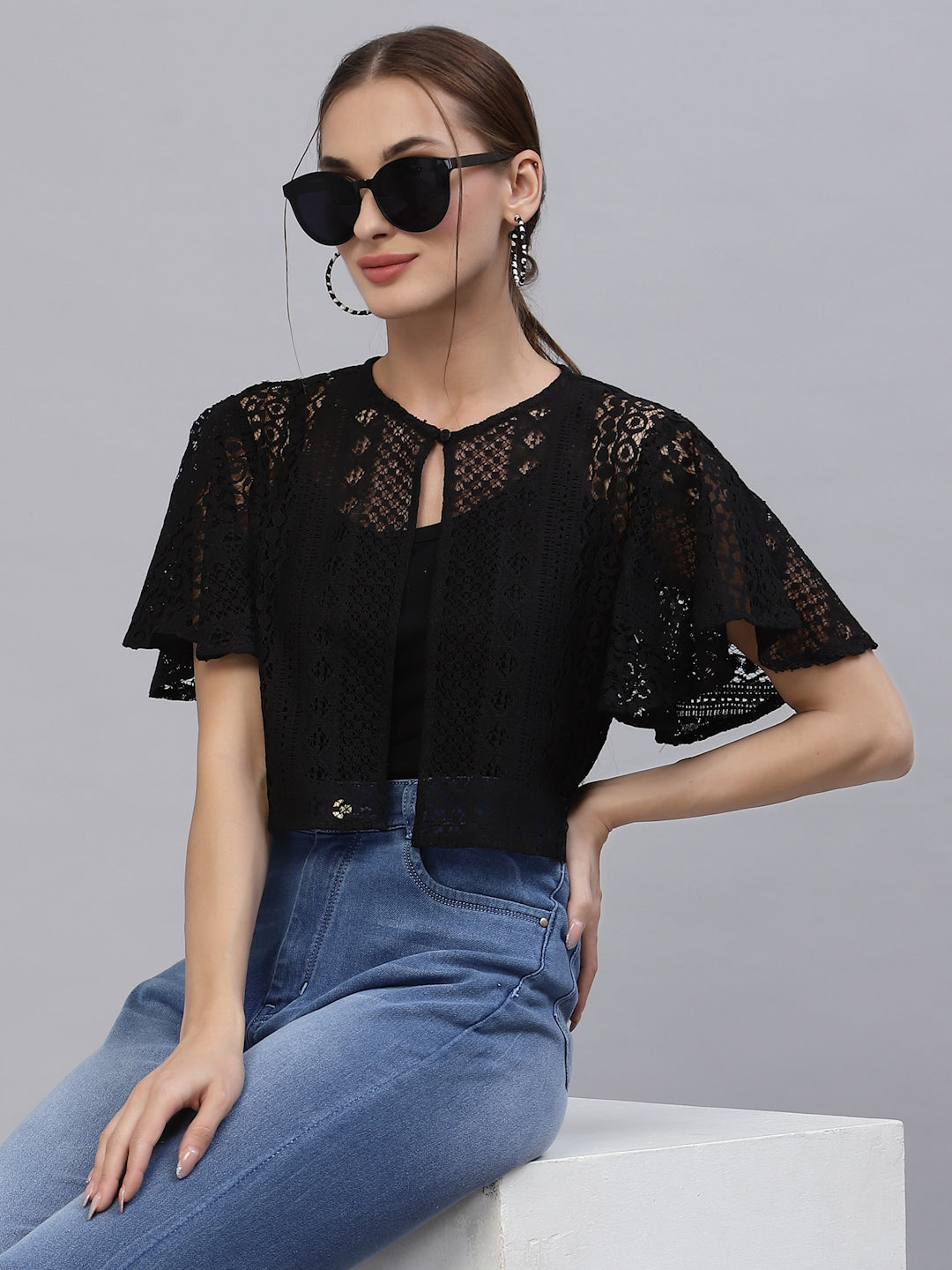 Style Quotient Women Black Self Design Lace Open Front Smart Casual Shrug-Shrug-StyleQuotient