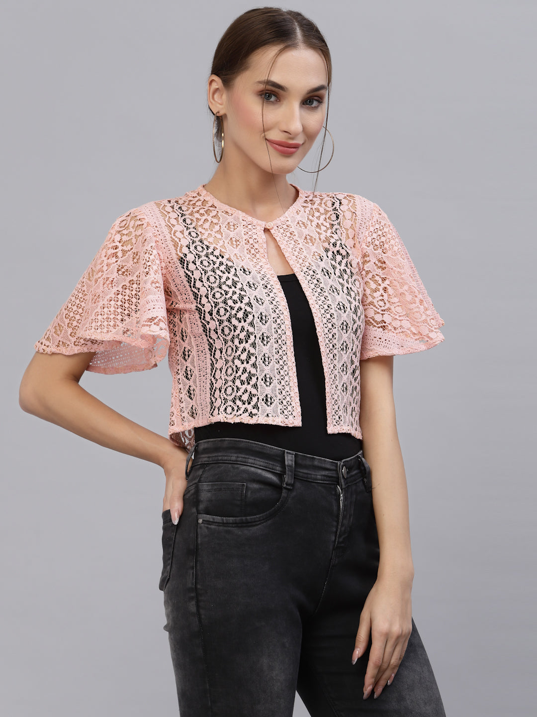 Style Quotient Women Nude Self Design Lace Open Front Smart Casual Shrug-Shrug-StyleQuotient