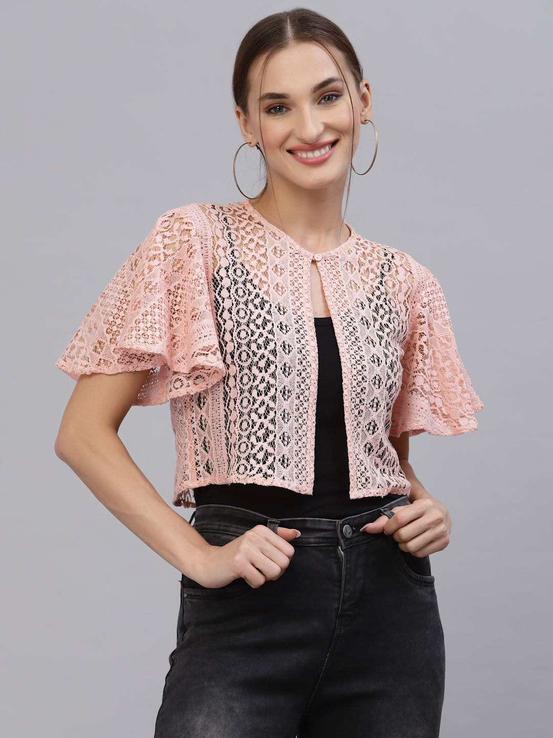 Style Quotient Women Nude Self Design Lace Open Front Smart Casual Shrug-Shrug-StyleQuotient