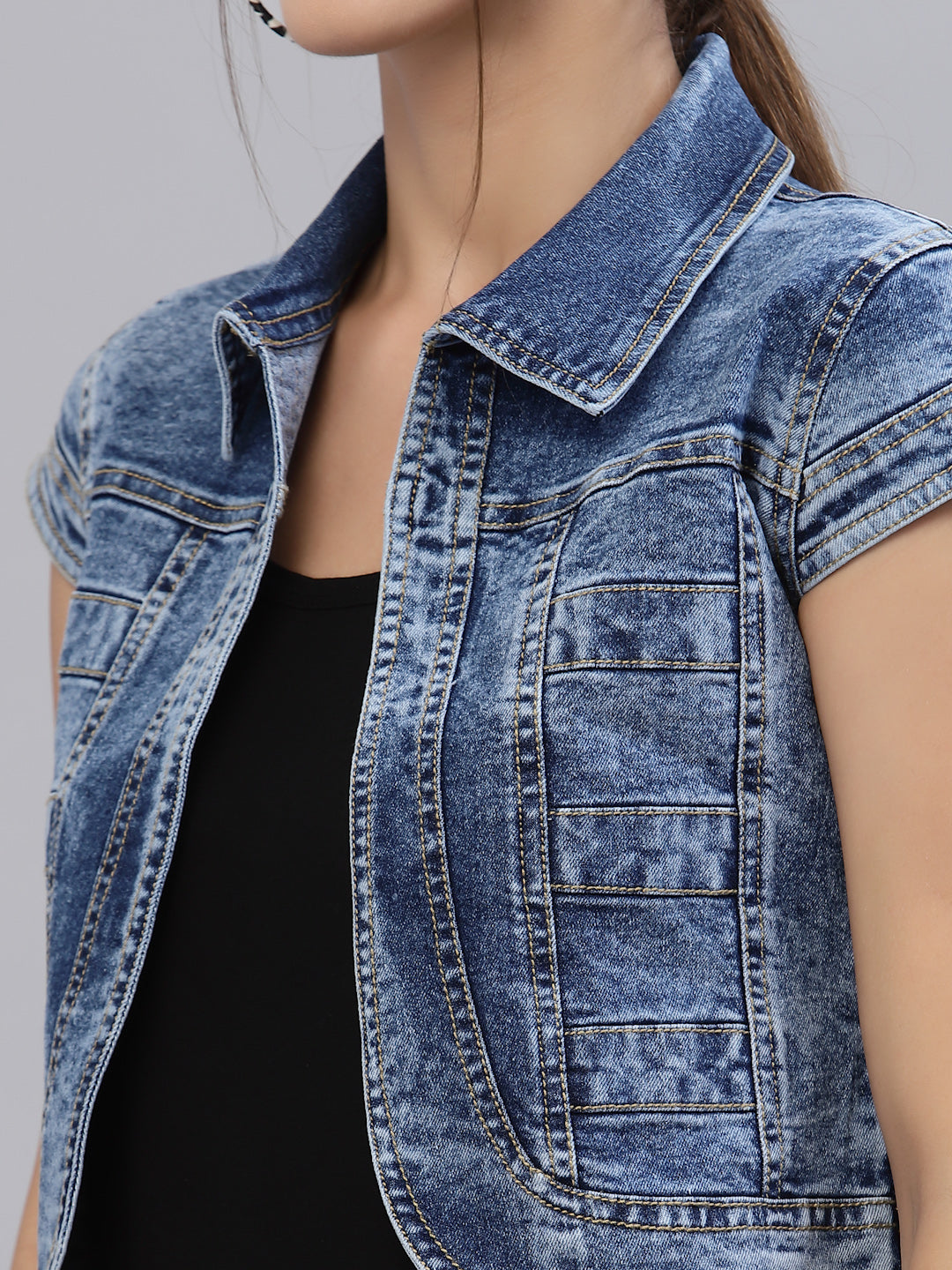 Style Quotient Women Blue Washed Checked Crop Denim Jacket-Jackets-StyleQuotient