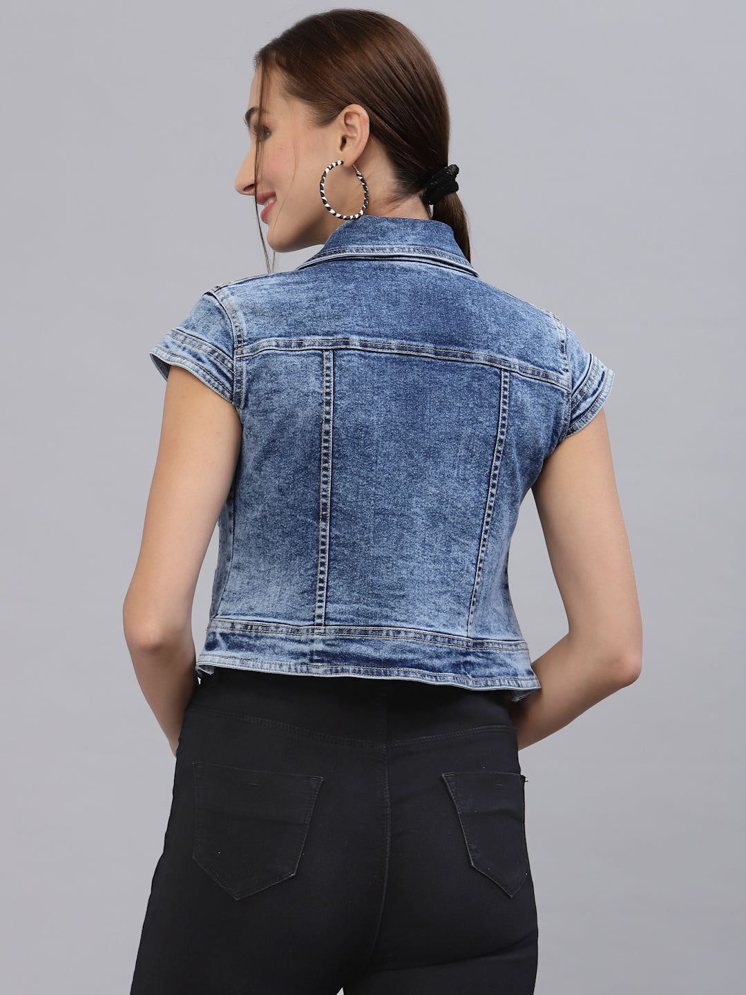 Style Quotient Women Blue Washed Checked Crop Denim Jacket-Jackets-StyleQuotient