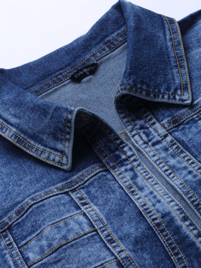 Style Quotient Women Blue Washed Checked Crop Denim Jacket-Jackets-StyleQuotient