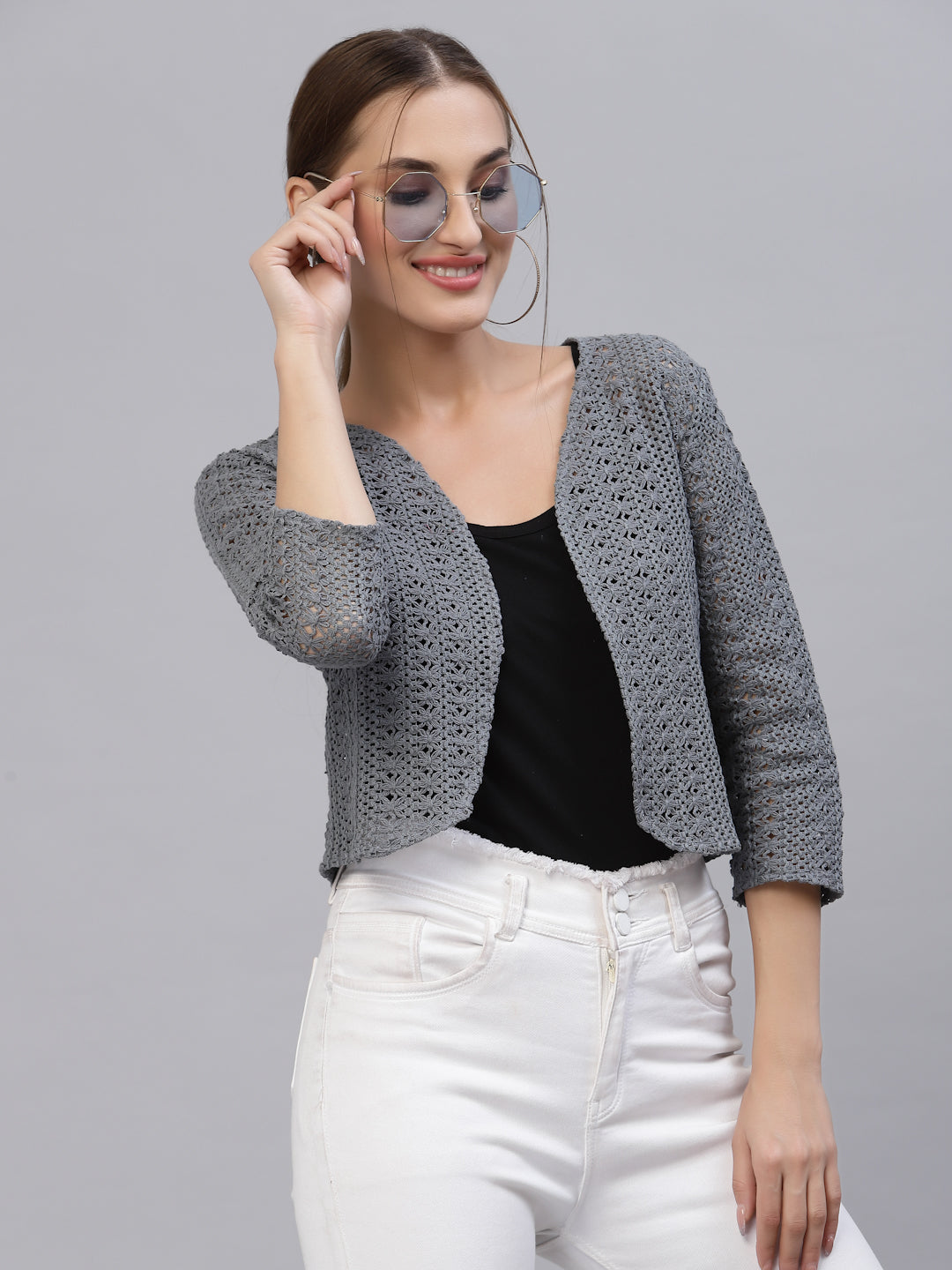 Style Quotient Women Grey cotton self design lace crop open front shrug-Shrug-StyleQuotient