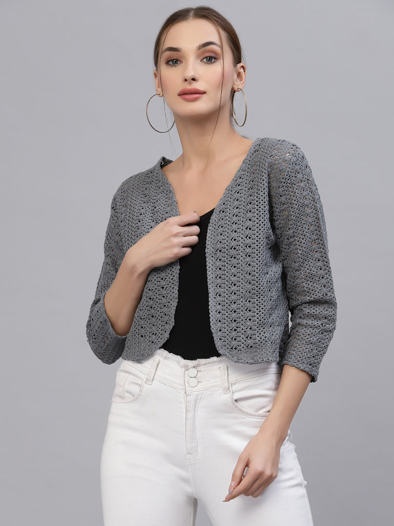 Style Quotient Women Grey cotton self design lace crop open front shrug-Shrug-StyleQuotient