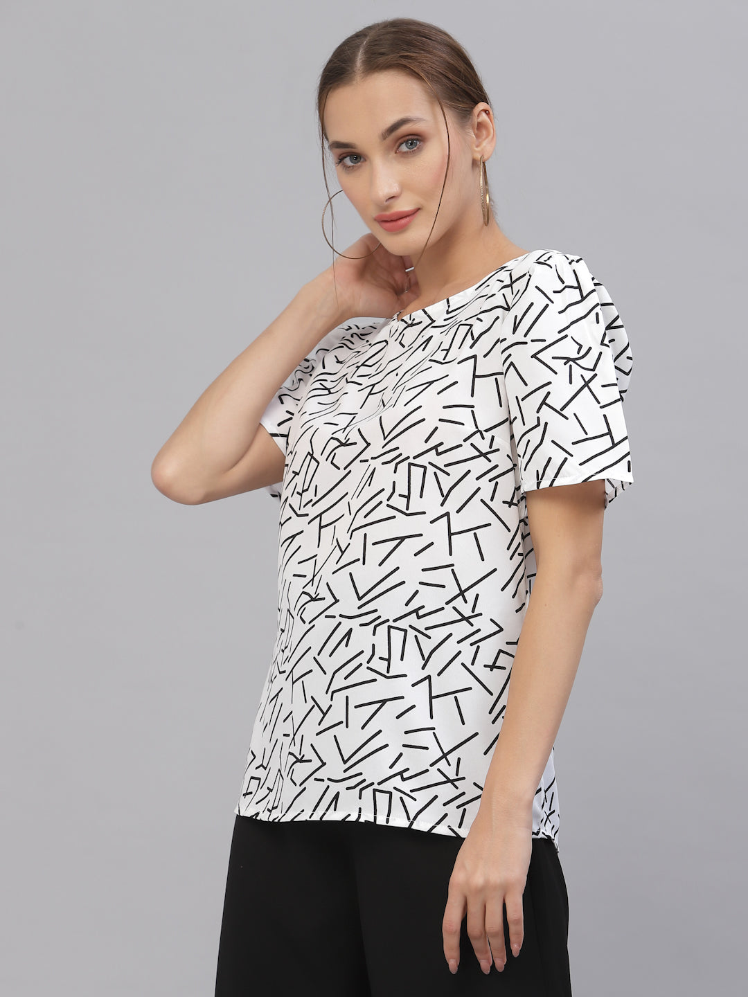 Style Quotient Women White & Black Geometric Print Top-Tops-StyleQuotient