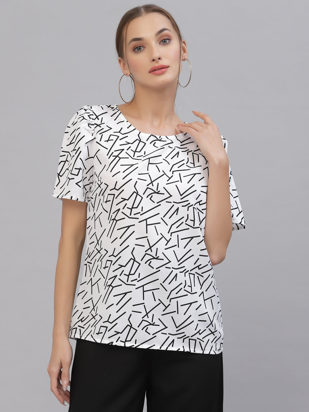 Style Quotient Women White & Black Geometric Print Top-Tops-StyleQuotient