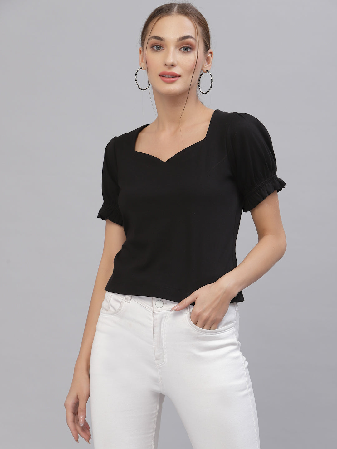 Style Quotient Women Black Solid Pure Cotton Sweetheart Neck Top-Tops-StyleQuotient