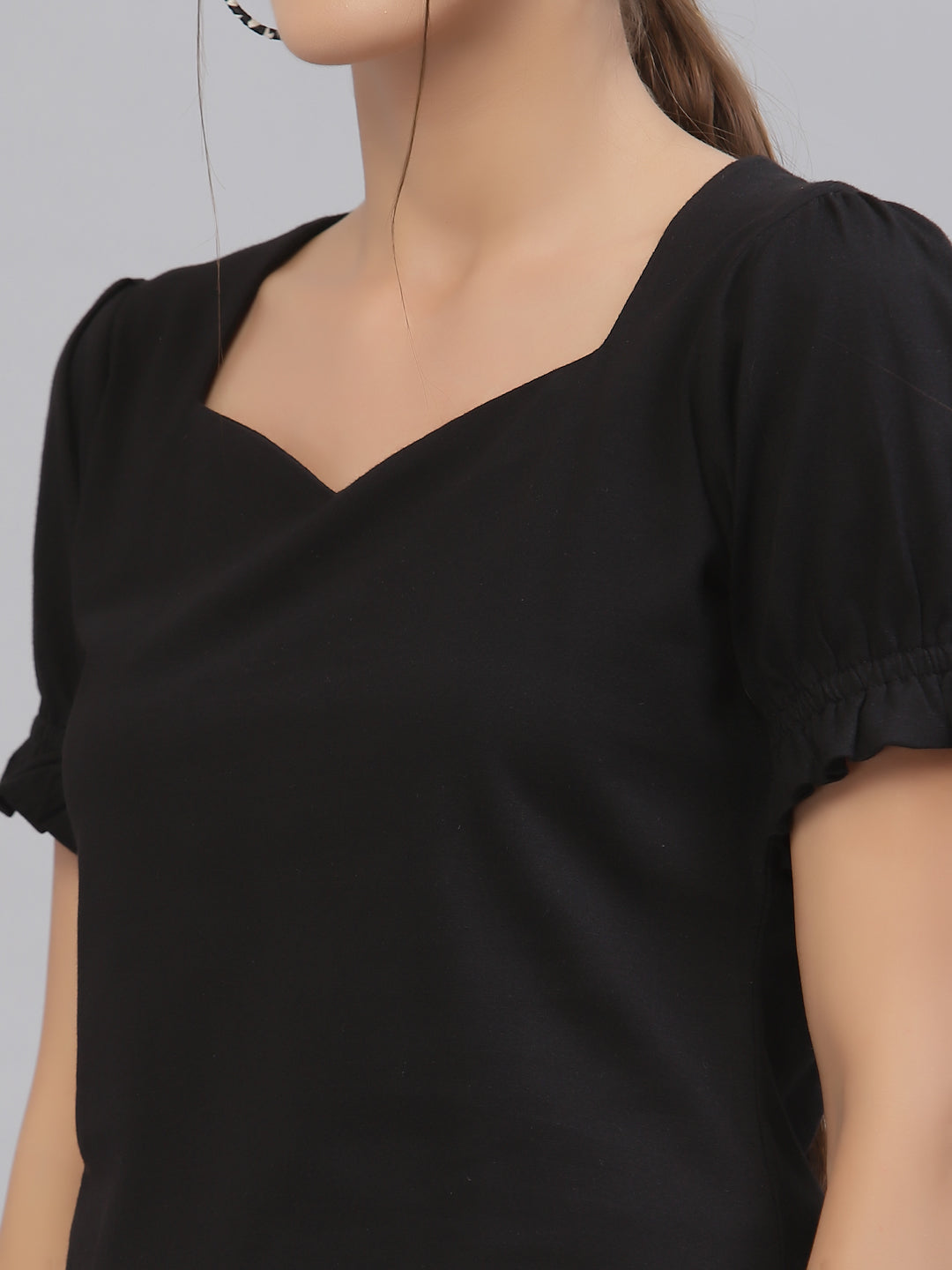 Style Quotient Women Black Solid Pure Cotton Sweetheart Neck Top-Tops-StyleQuotient