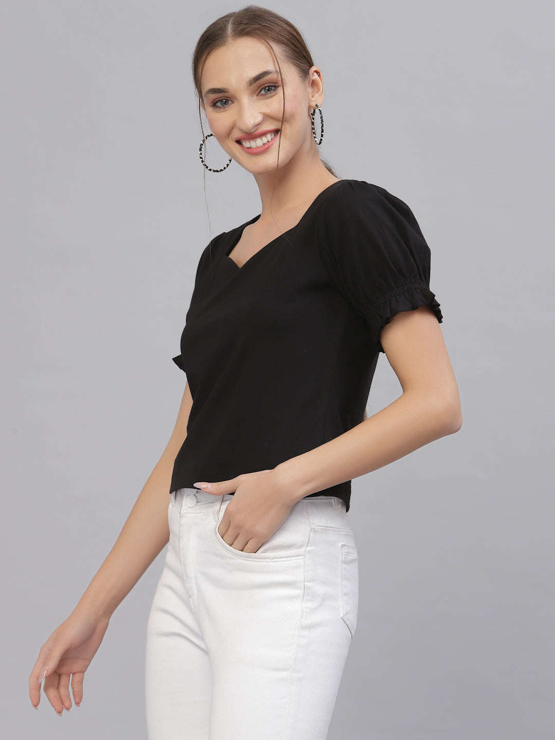 Style Quotient Women Black Solid Pure Cotton Sweetheart Neck Top-Tops-StyleQuotient