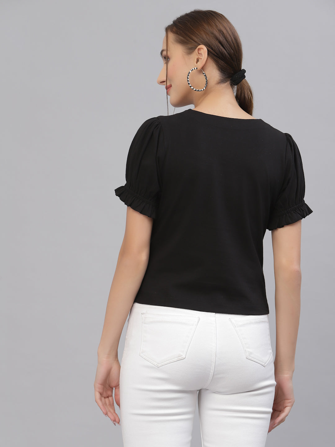 Style Quotient Women Black Solid Pure Cotton Sweetheart Neck Top-Tops-StyleQuotient