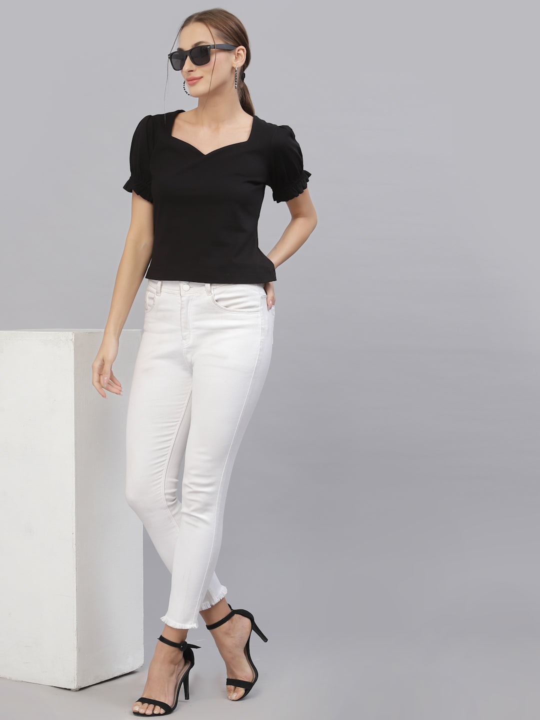 Style Quotient Women Black Solid Pure Cotton Sweetheart Neck Top-Tops-StyleQuotient