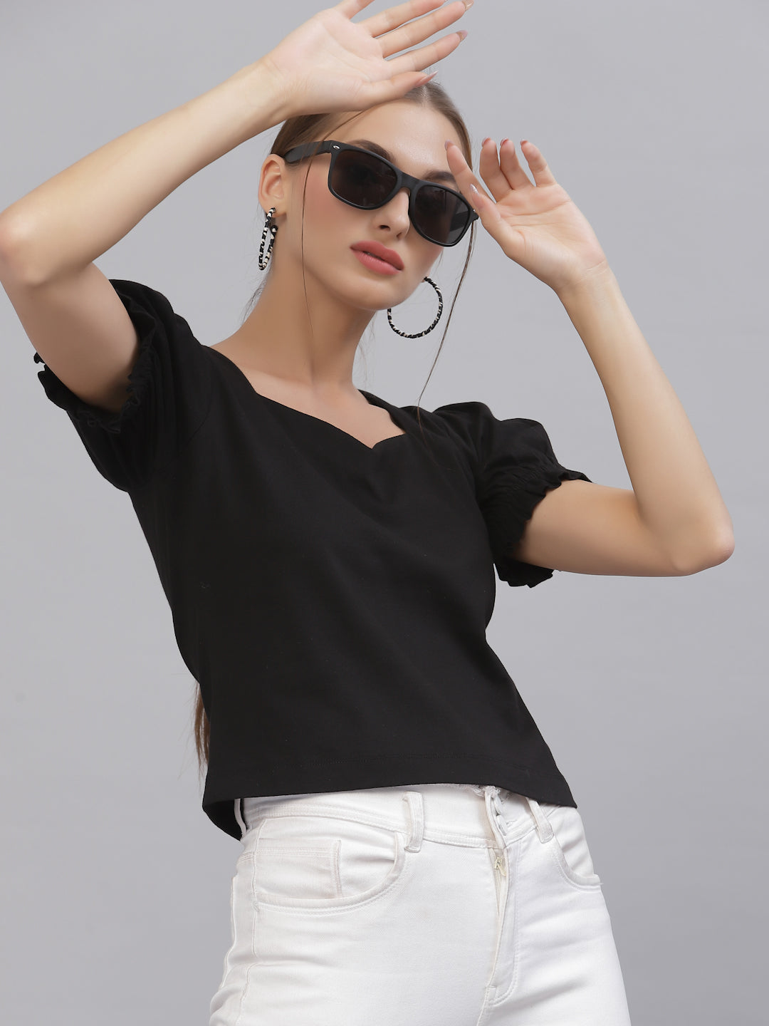 Style Quotient Women Black Solid Pure Cotton Sweetheart Neck Top-Tops-StyleQuotient