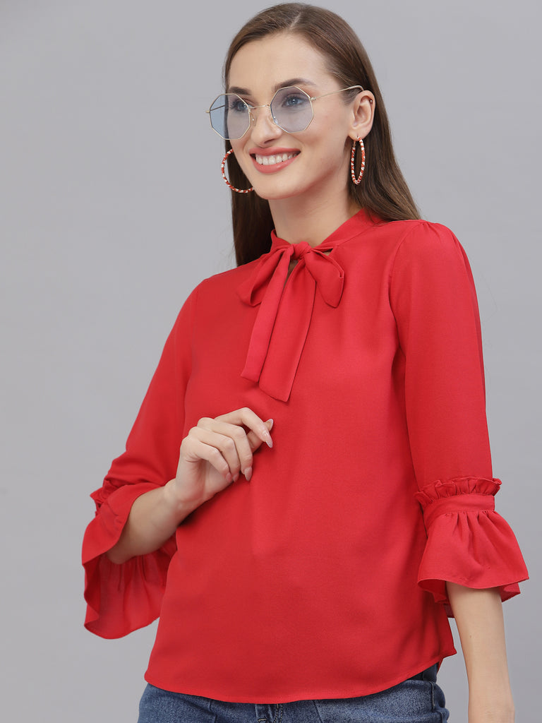 Style Quotient Women Solid Red Polymoss Regular smart casual Top-Tops-StyleQuotient