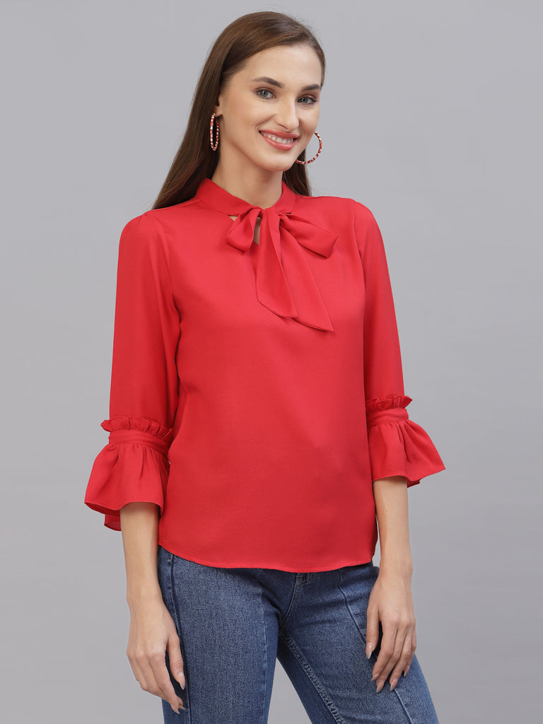 Style Quotient Women Solid Red Polymoss Regular smart casual Top-Tops-StyleQuotient