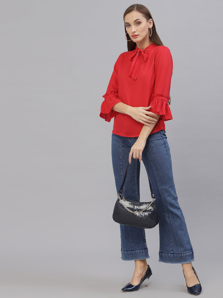 Style Quotient Women Solid Red Polymoss Regular smart casual Top-Tops-StyleQuotient