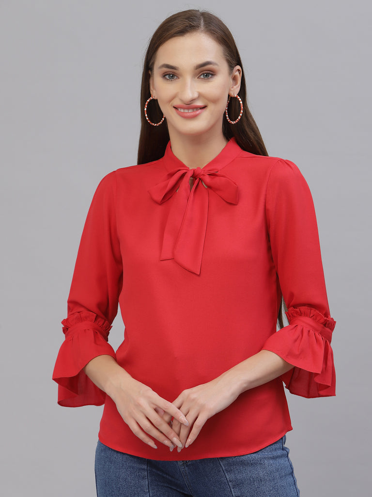 Style Quotient Women Solid Red Polymoss Regular smart casual Top-Tops-StyleQuotient