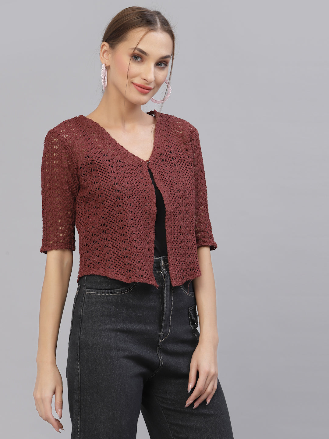 Style Quotient Women Self design maroon cotton lace regular smart casual shrug-Shrug-StyleQuotient