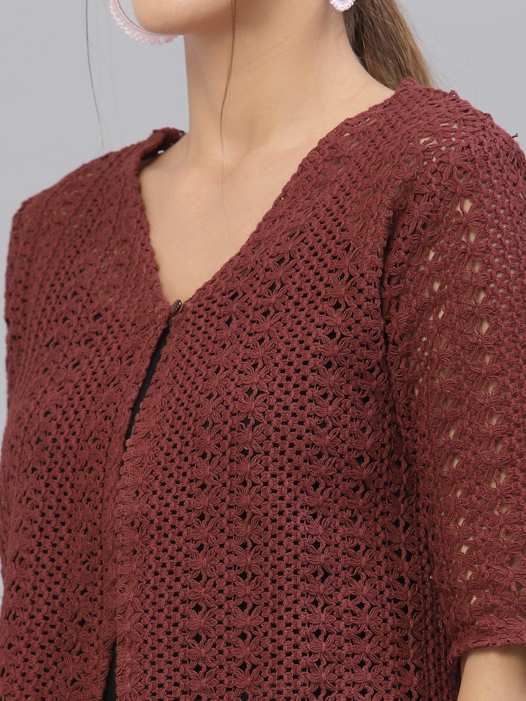 Style Quotient Women Self design maroon cotton lace regular smart casual shrug-Shrug-StyleQuotient