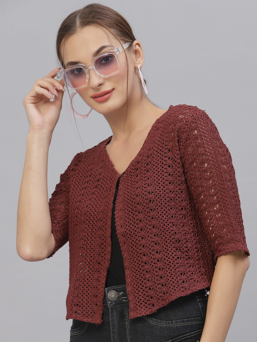 Style Quotient Women Self design maroon cotton lace regular smart casual shrug-Shrug-StyleQuotient