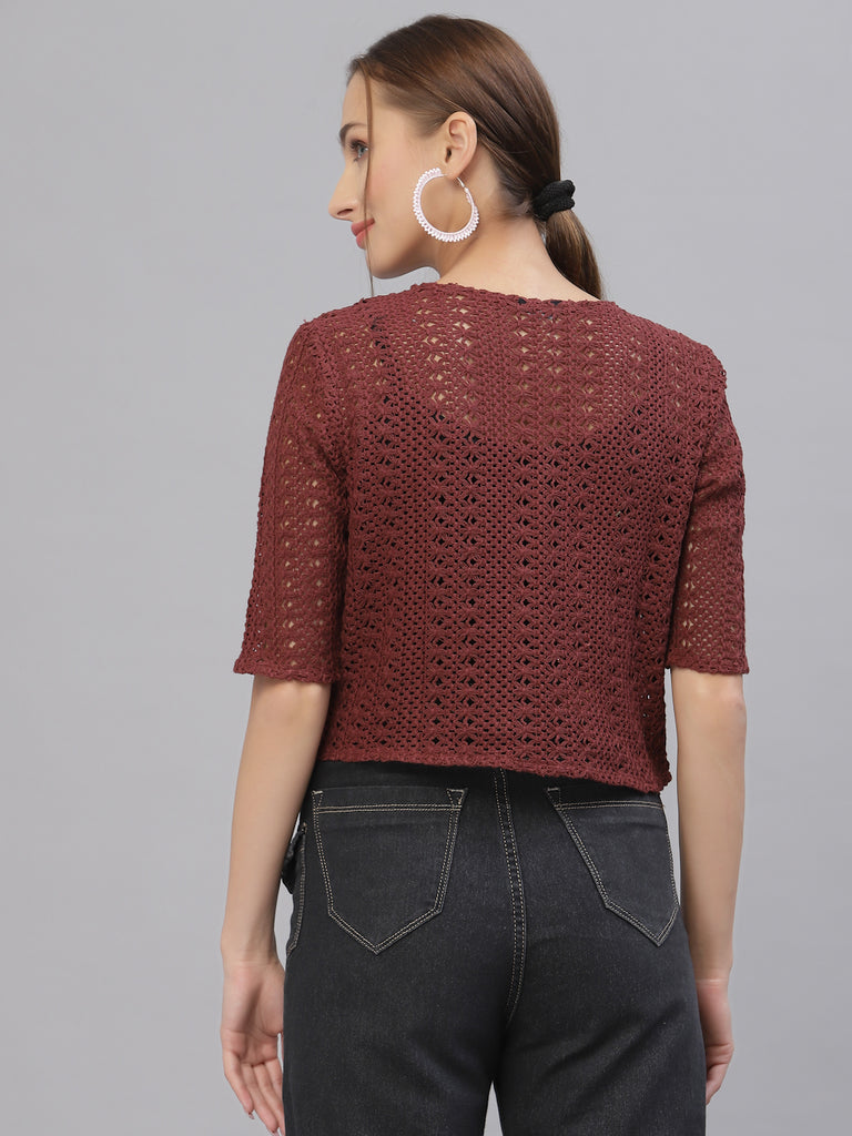 Style Quotient Women Self design maroon cotton lace regular smart casual shrug-Shrug-StyleQuotient