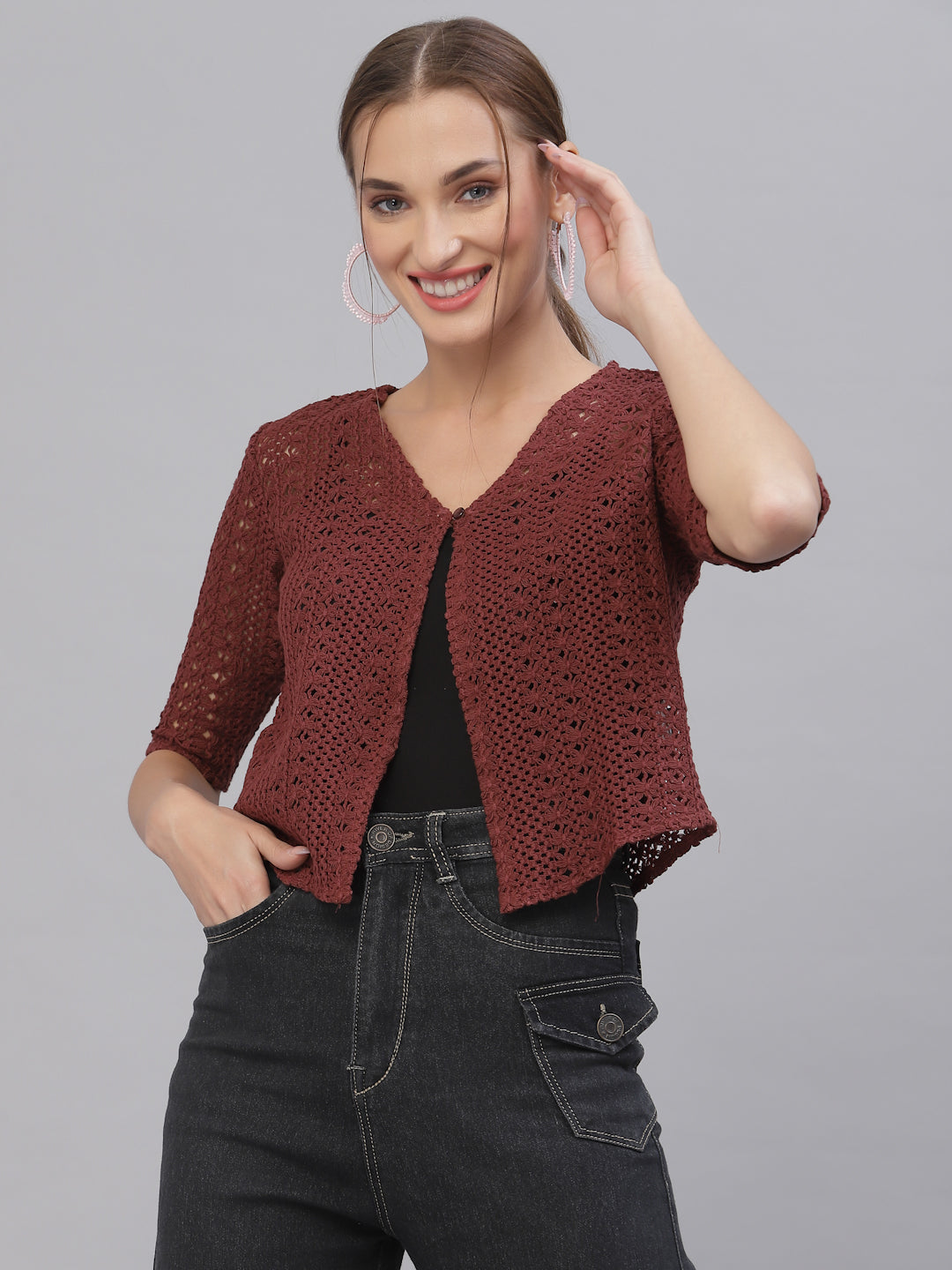 Style Quotient Women Self design maroon cotton lace regular smart casual shrug-Shrug-StyleQuotient