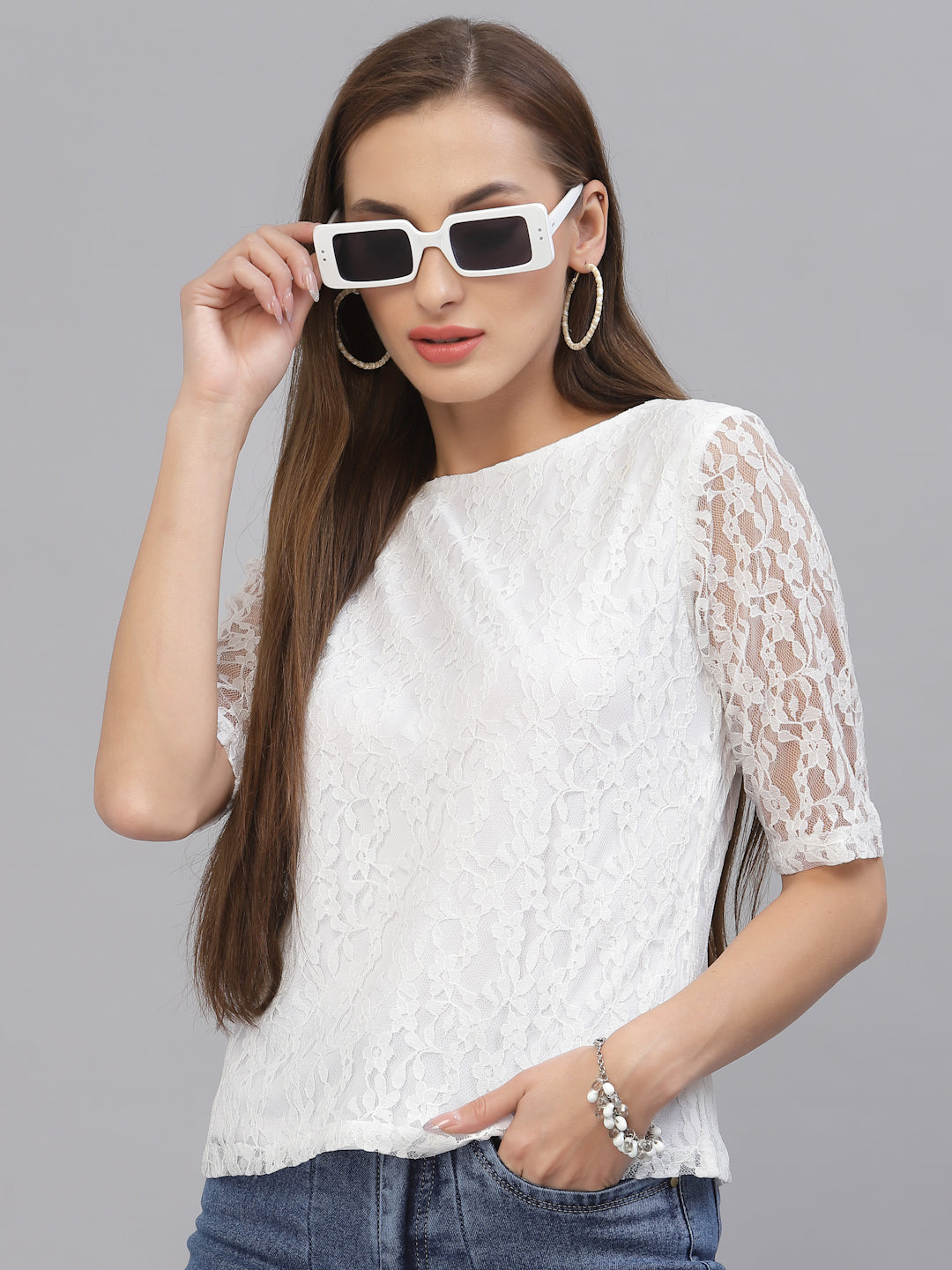 Style Quotient Women White Self Design Floral Lace Regular Smart Casual Top