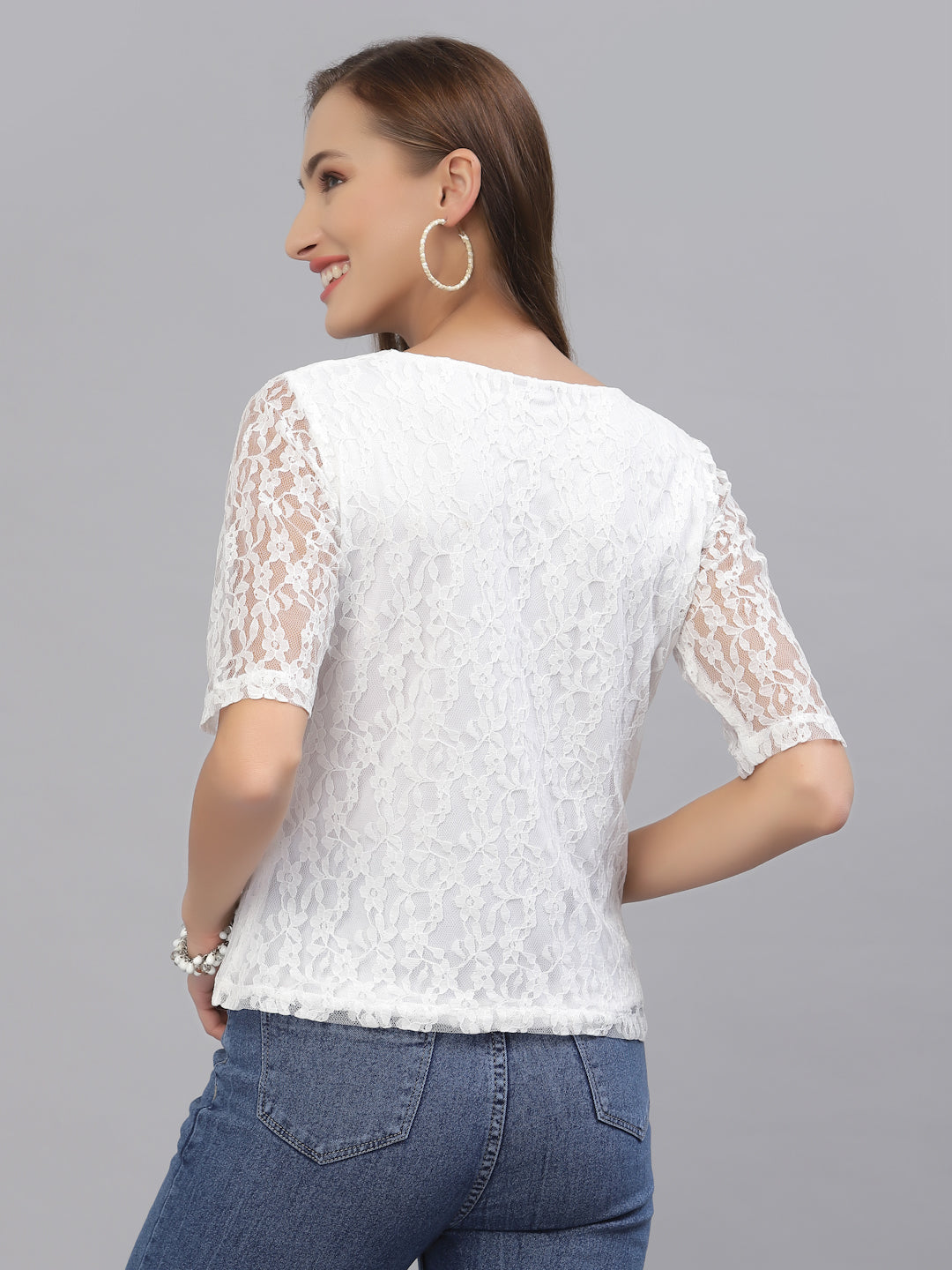 Style Quotient Women White Lace Insert Embroidered Floral Top-Tops-StyleQuotient