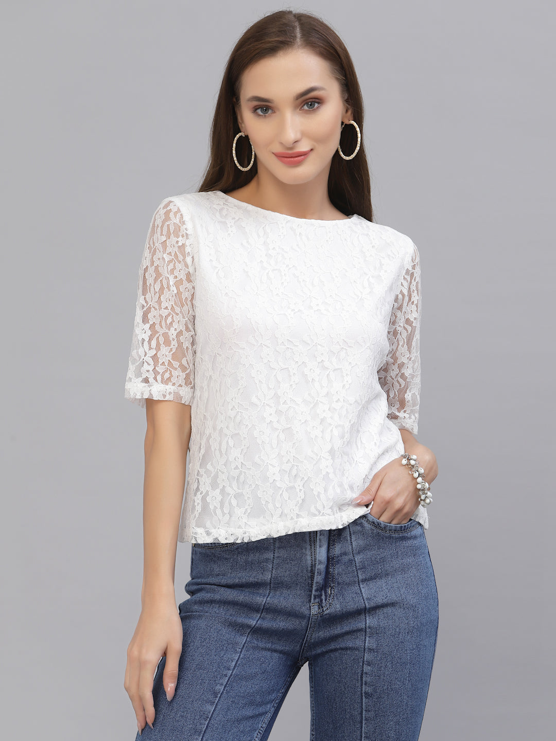 Style Quotient Women White Lace Insert Embroidered Floral Top-Tops-StyleQuotient