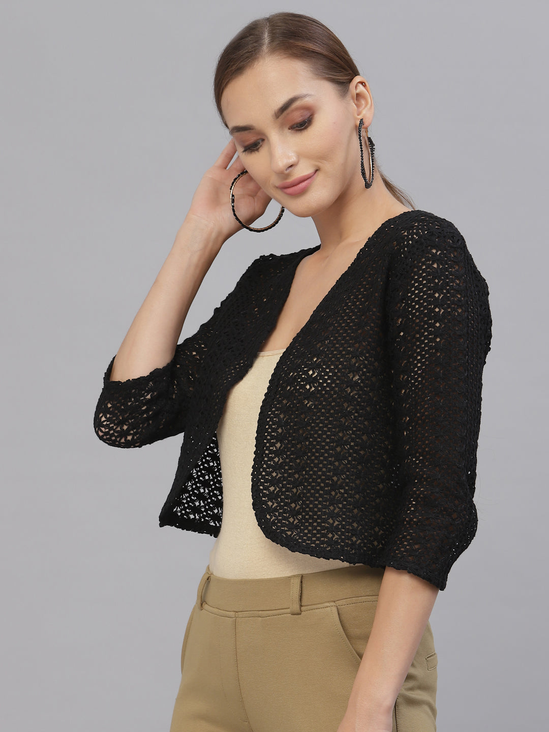 Style Quotient Women Black cotton self design lace crop open front shrug-Shrug-StyleQuotient