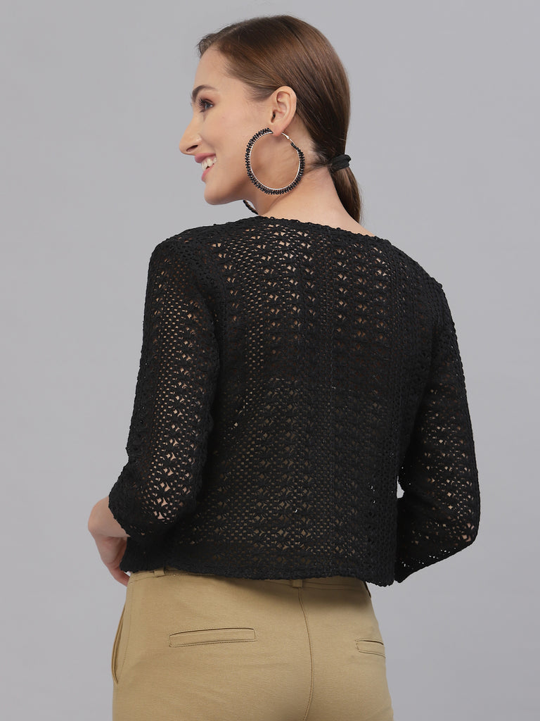 Style Quotient Women Black cotton self design lace crop open front shrug-Shrug-StyleQuotient