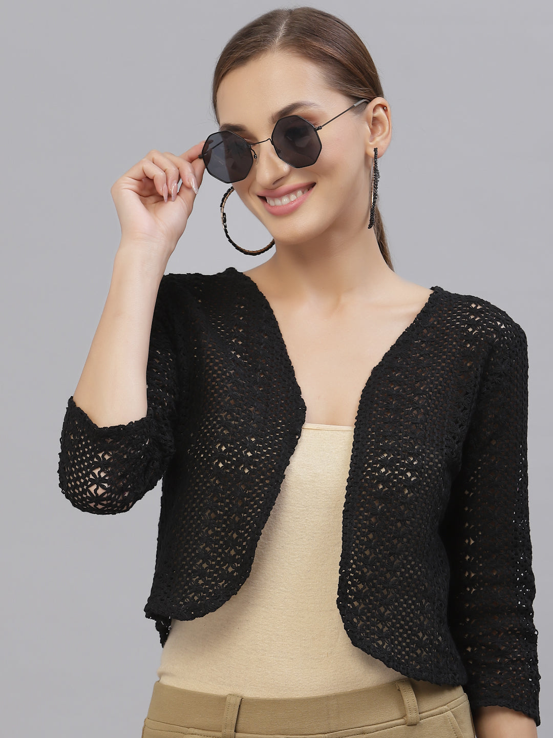 Style Quotient Women Black cotton self design lace crop open front shrug-Shrug-StyleQuotient