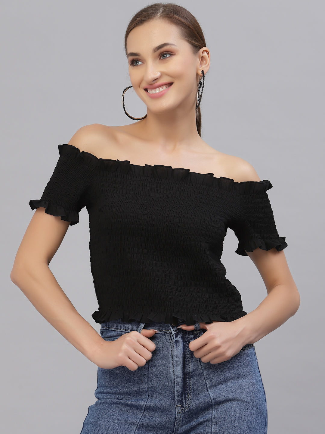 Style Quotient Women Black Off-Shoulder Bardot Top-Tops-StyleQuotient