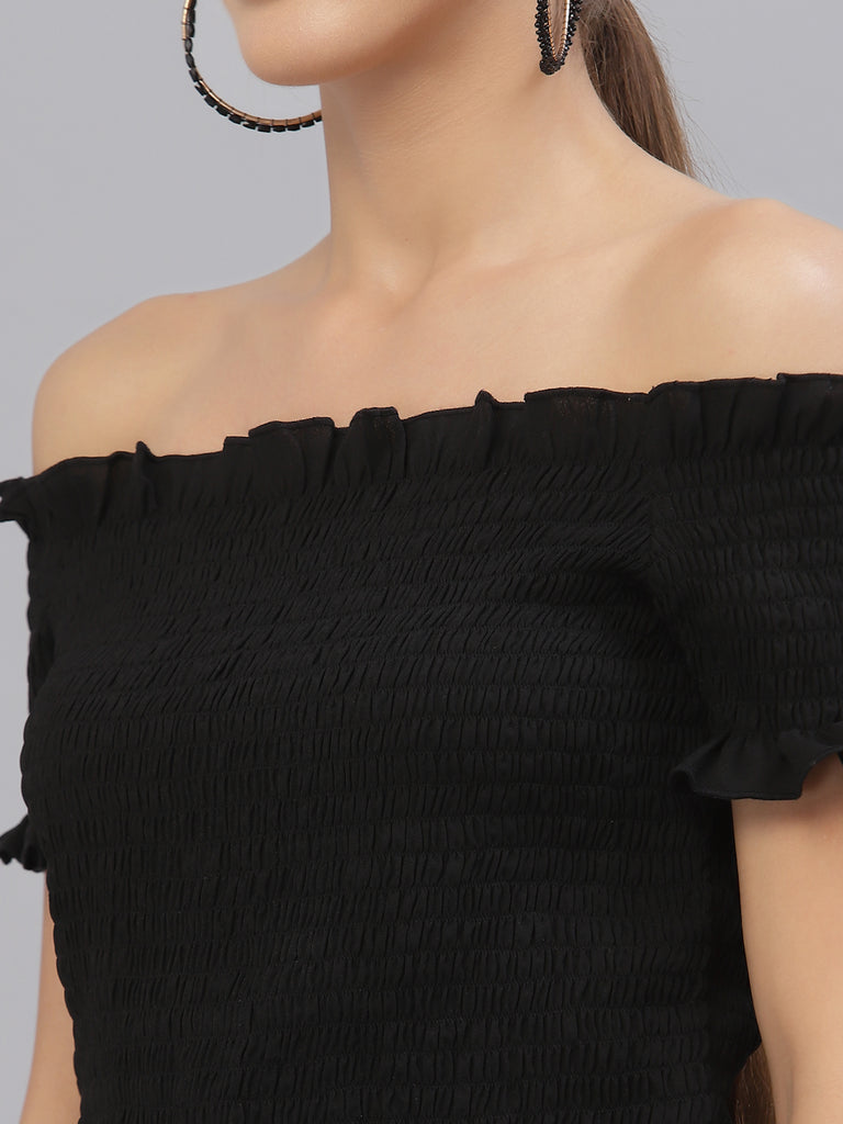 Style Quotient Women Black Off-Shoulder Bardot Top-Tops-StyleQuotient