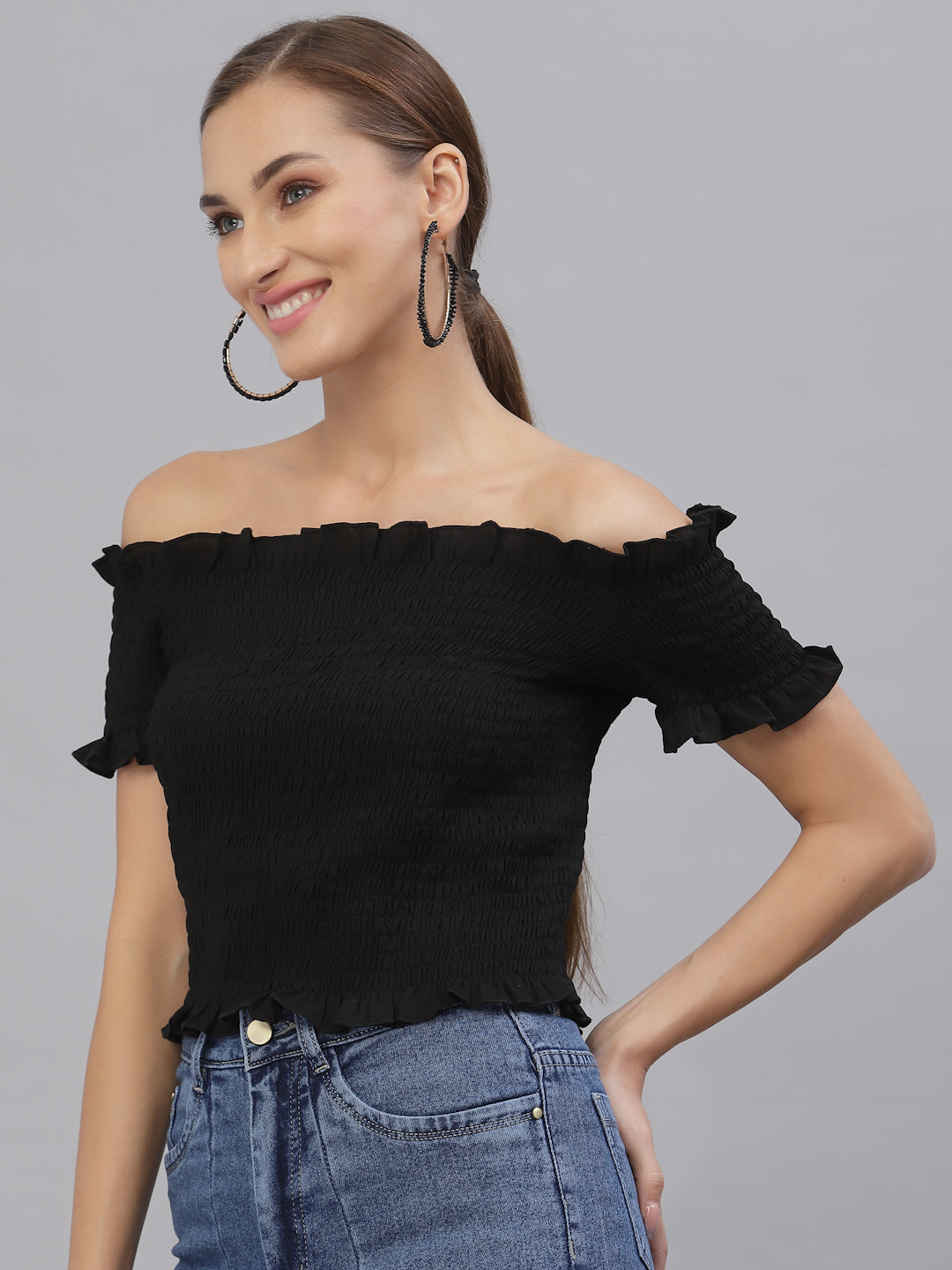 Style Quotient Women Black Off-Shoulder Bardot Top-Tops-StyleQuotient