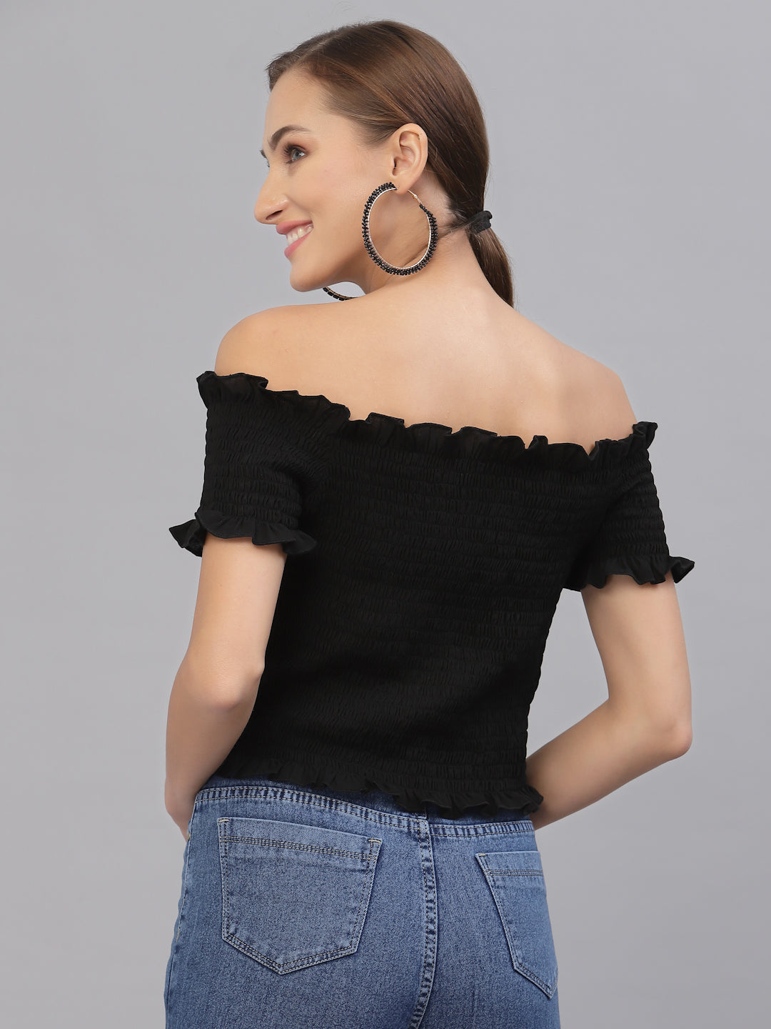 Style Quotient Women Black Off-Shoulder Bardot Top-Tops-StyleQuotient