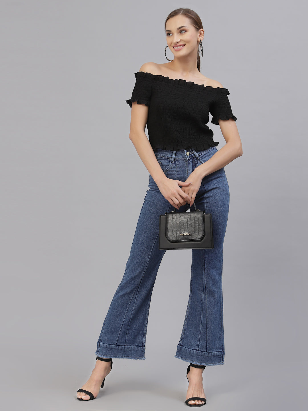 Style Quotient Women Black Off-Shoulder Bardot Top-Tops-StyleQuotient