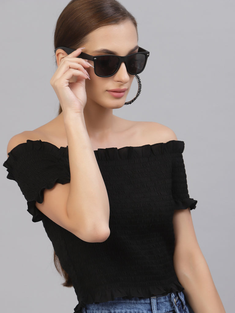 Style Quotient Women Black Off-Shoulder Bardot Top-Tops-StyleQuotient