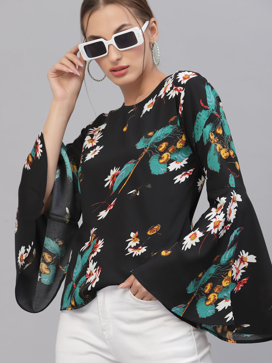 Style Quotient Women Black & Green Floral Printed Bell Sleeves Top-Tops-StyleQuotient